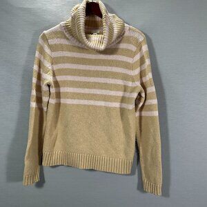J Crew Sweater Womens Medium Pullover Tan Pink Stripe Cotton Wool Blend Turtle